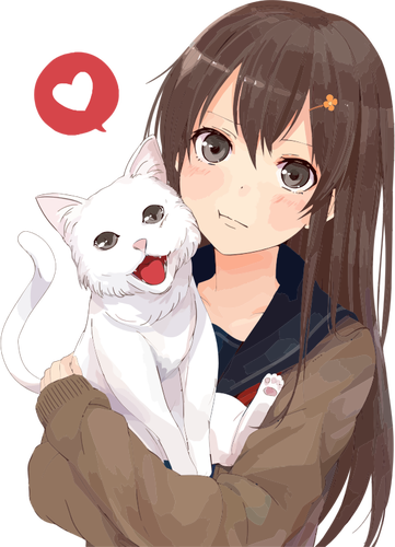 Anime girl with white cat and heart