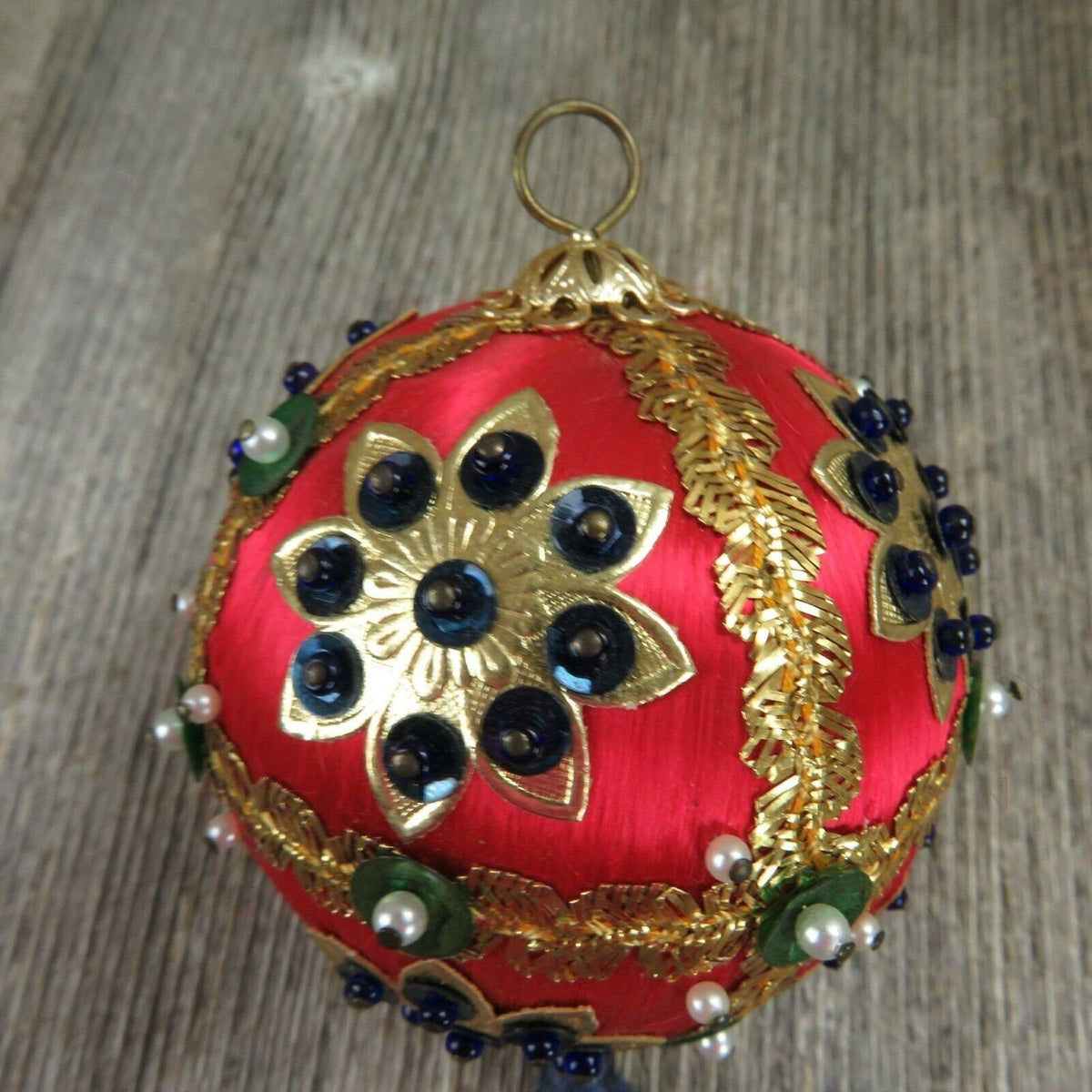 Vintage Beaded Ball Ornament Sequined Satin Handmade Christmas Red Blu ...