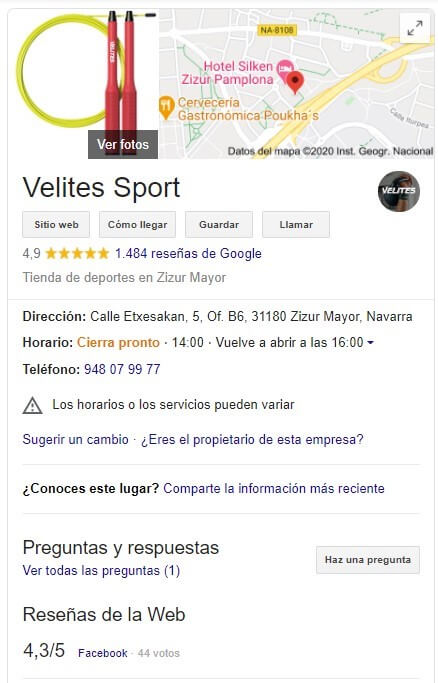 Ficha Google My Business Velites Sport