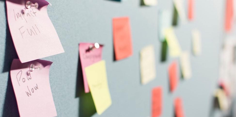 Hojas pequeñas de papel de diferentes colores colocadas en una pared o tablón con sugerencias de nombres de negocios escritas en ellas