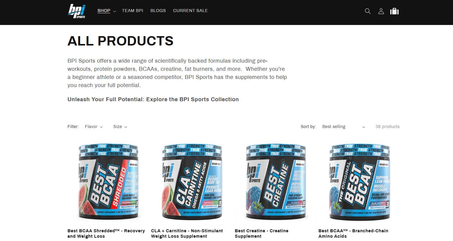 Captura de la página de tienda de BPI Sports con tres productos.