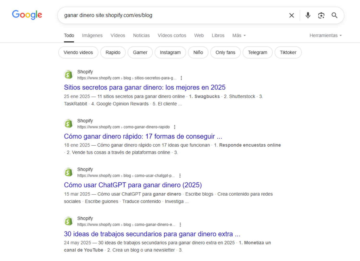 Resultados de búsqueda de Google para ganar dinero site:shopify.com/es/blog