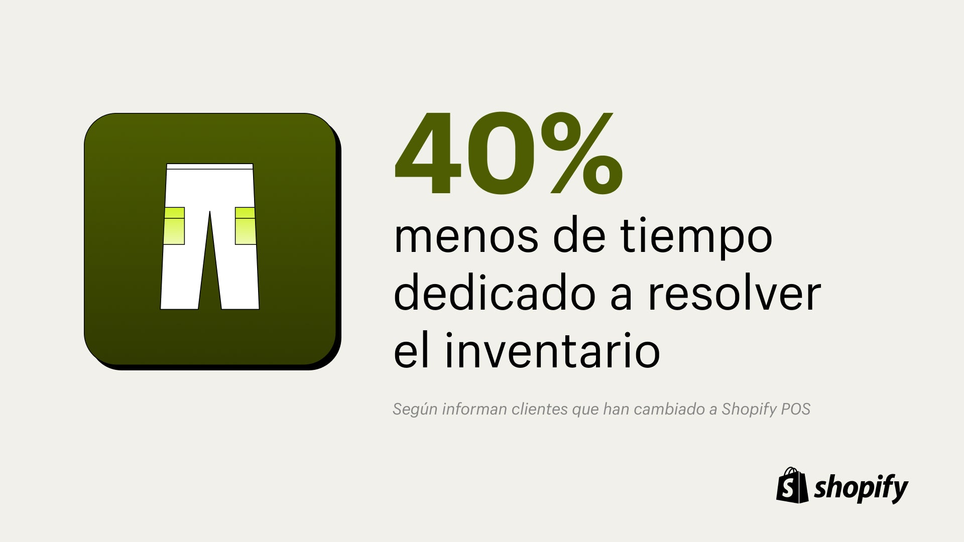 Imagen de pantalones blancos sobre fondo verde con un dato que indica que se dedica un 40% menos de tiempo a registrar el inventario con Shopify POS.