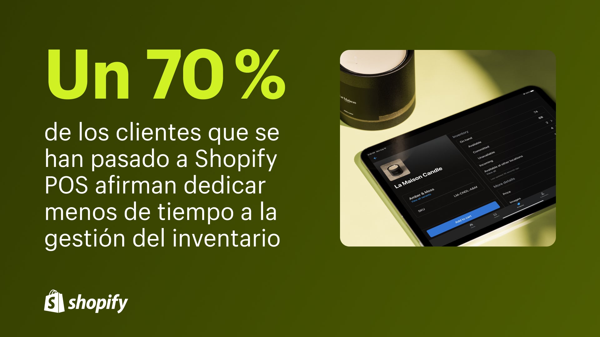 Imagen de Shopify POS en un ipad que muestra cómo agregar una vela al carrito con un dato que dice: "El 70% de los clientes que cambiaron a Shopify POS informan que dedican menos tiempo a la gestión de inventario".