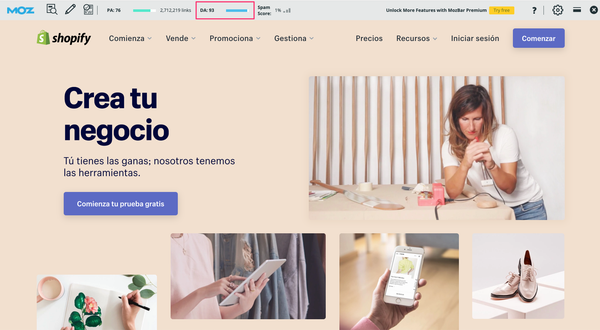 Captura de pantalla de home page de Shopify en español