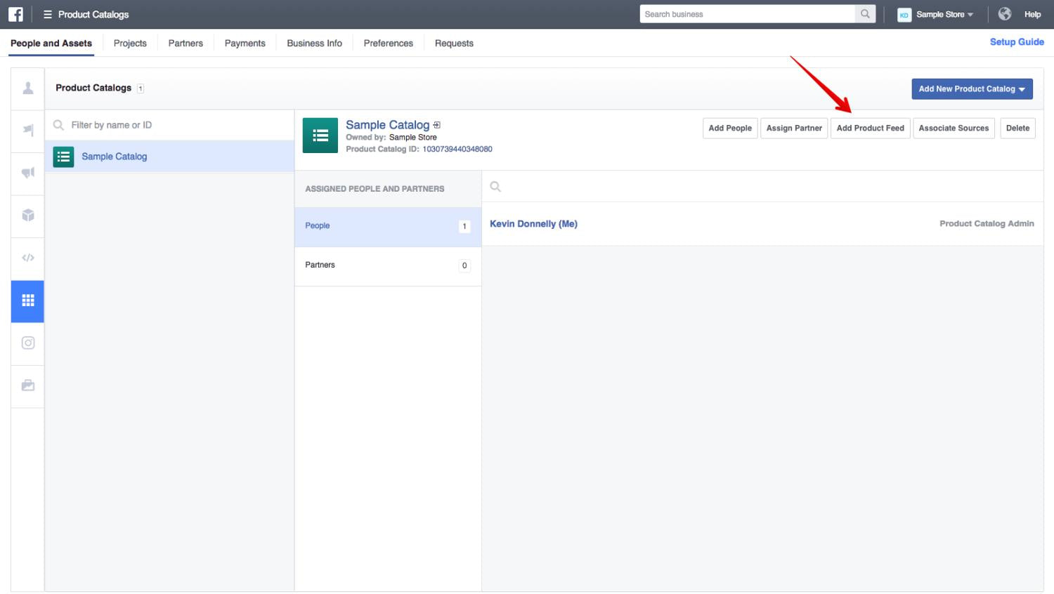 Botón Agregar Feed de Productos resaltado en Meta Business Manager.