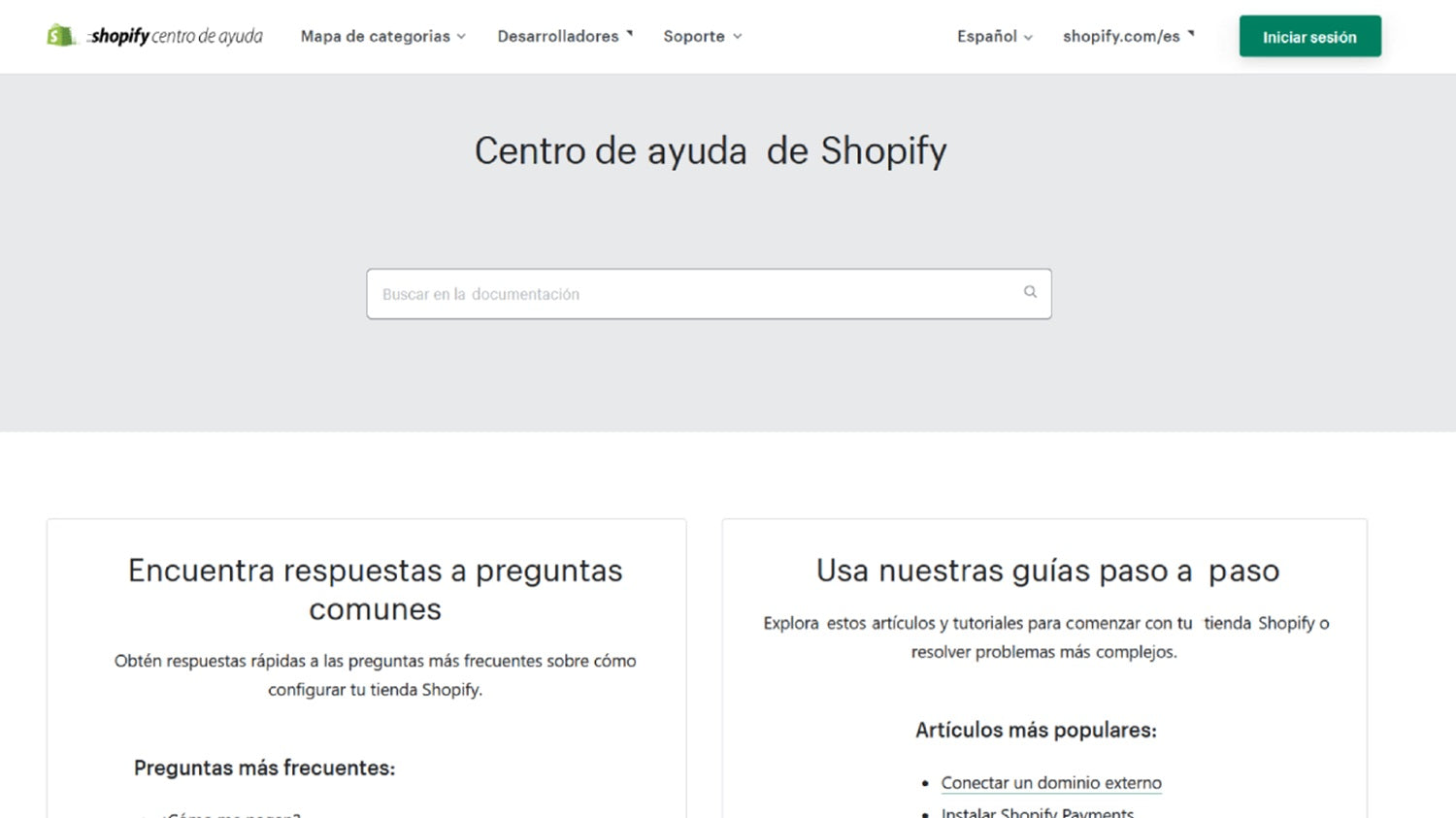 Captura de pantalla de la página principal del centro de ayuda de Shopify