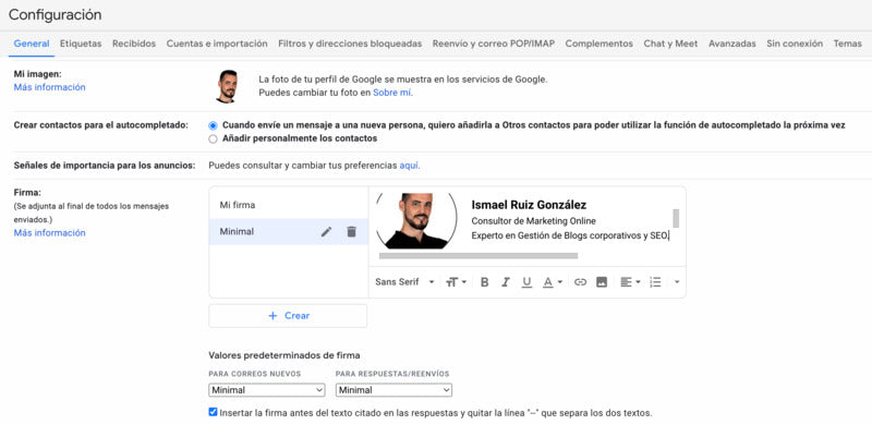 Configurar firma en el email de Gmail