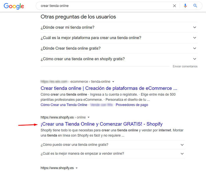 Resultado orgánico para "crear tienda online"