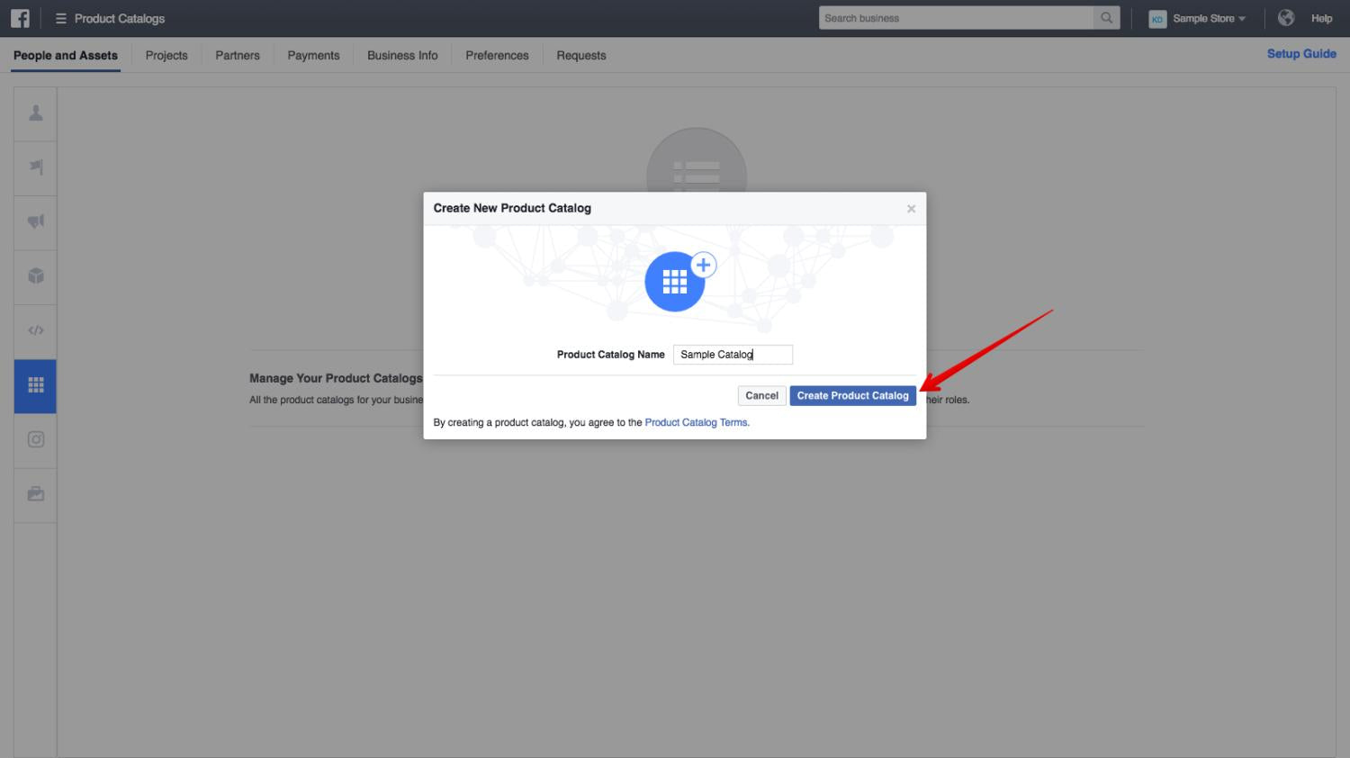 Botón Crear Catálogo de Productos resaltado en Meta Business Manager.