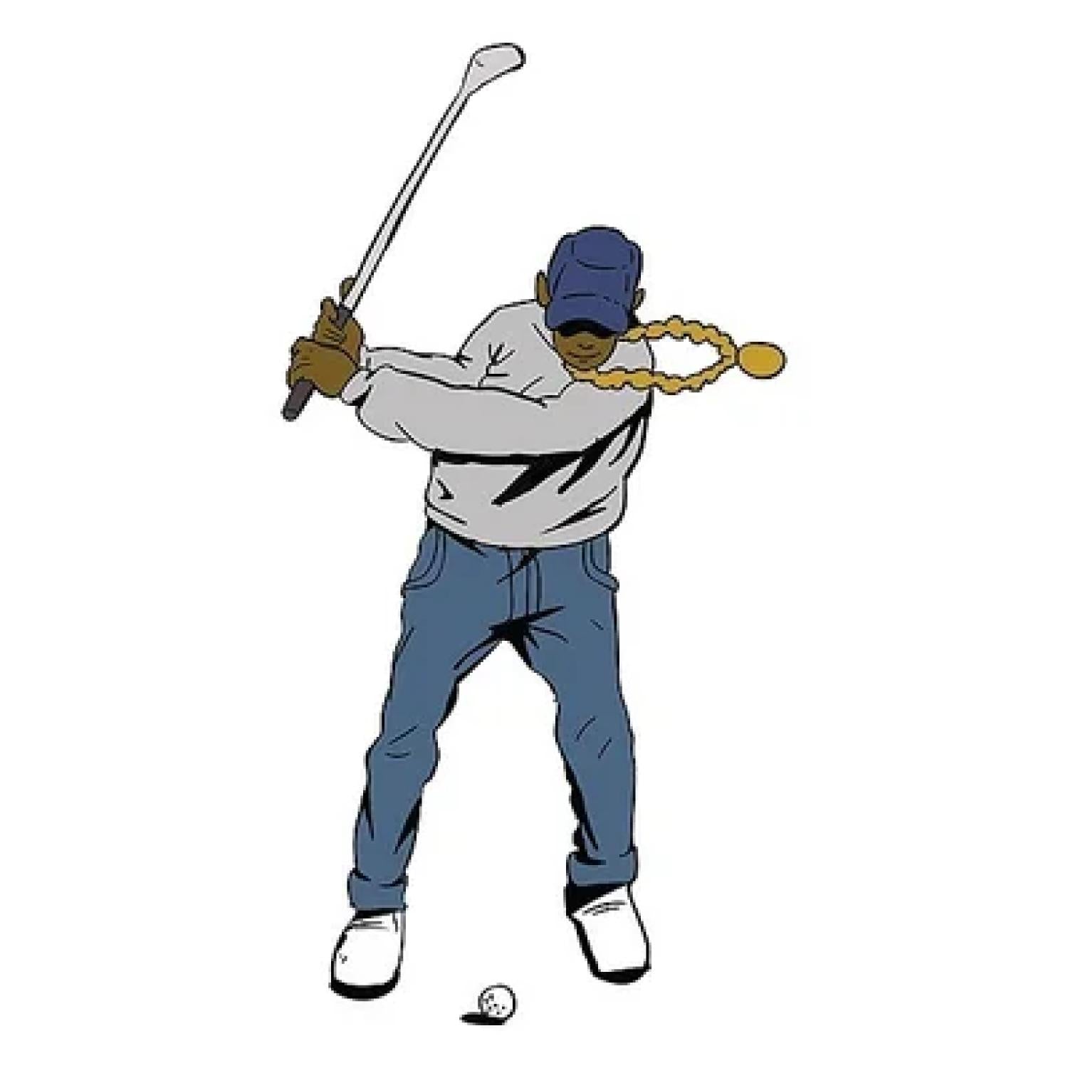 Una ilustración de un golfista en pleno swing llevando gorra, suéter, vaqueros, zapatillas y una cadena de oro que Eastside Golf usa como logo de tienda online.