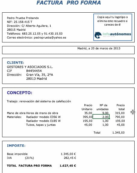 Ejemplo de factura proforma