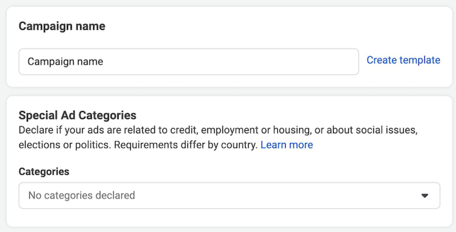 Cuadro de texto para introducir un nombre de campaña publicitaria en Facebook Ads Manager.