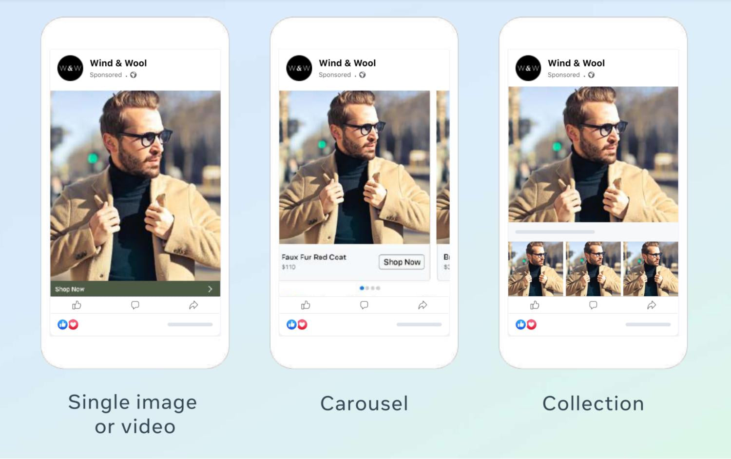 Anuncio que muestra a un modelo con un blazer y gafas que está formateado en los tres tipos de anuncios de Facebook.