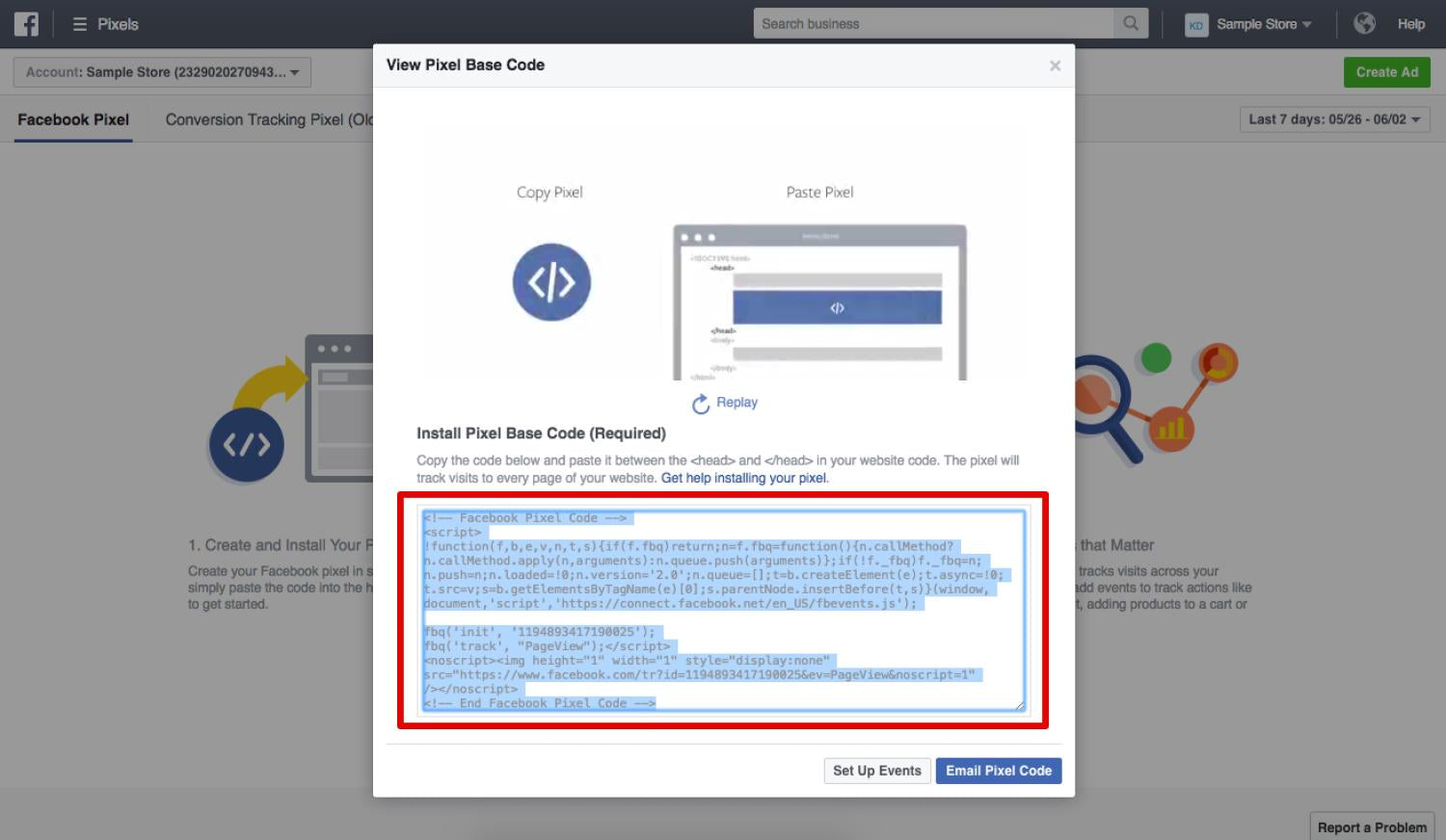 Cuadro de texto que contiene el código HTML de Meta Píxel para usarlo en Meta Business Manager.