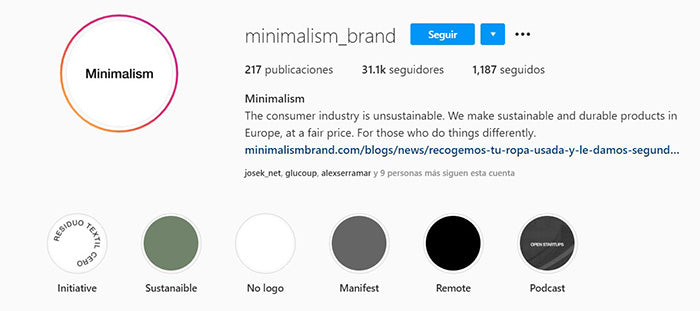 Instagram de la tienda Shopify española "Minimalism Brand"