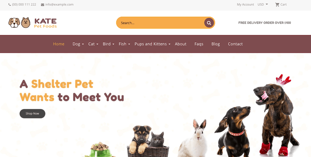 Página de inicio de una tienda online de productos para mascotas