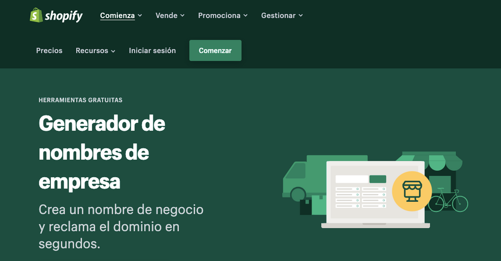 Página del generador de nombres de empresa de Shopify en español