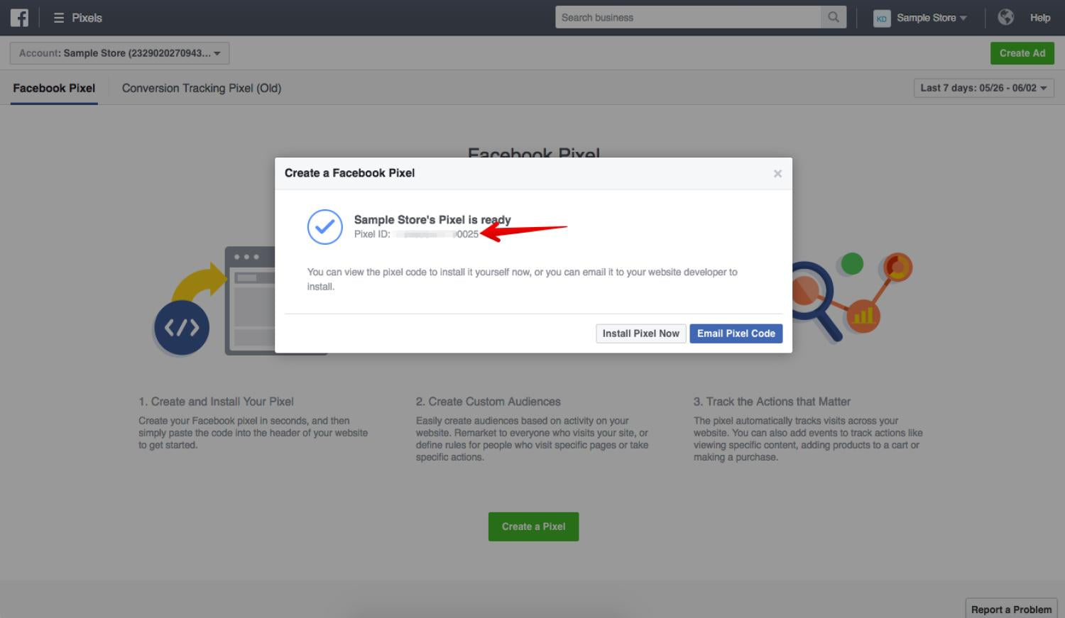 ID de Píxel que se muestra en un cuadro emergente en Meta Business Manager.