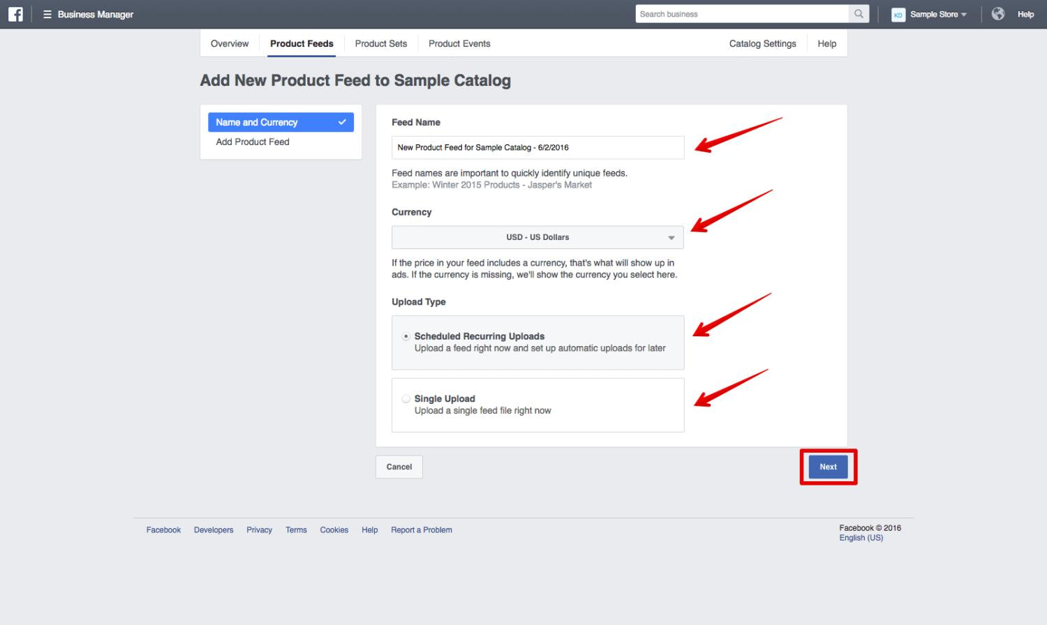 Opciones de carga del Feed de Productos resaltadas en Meta Business Manager.