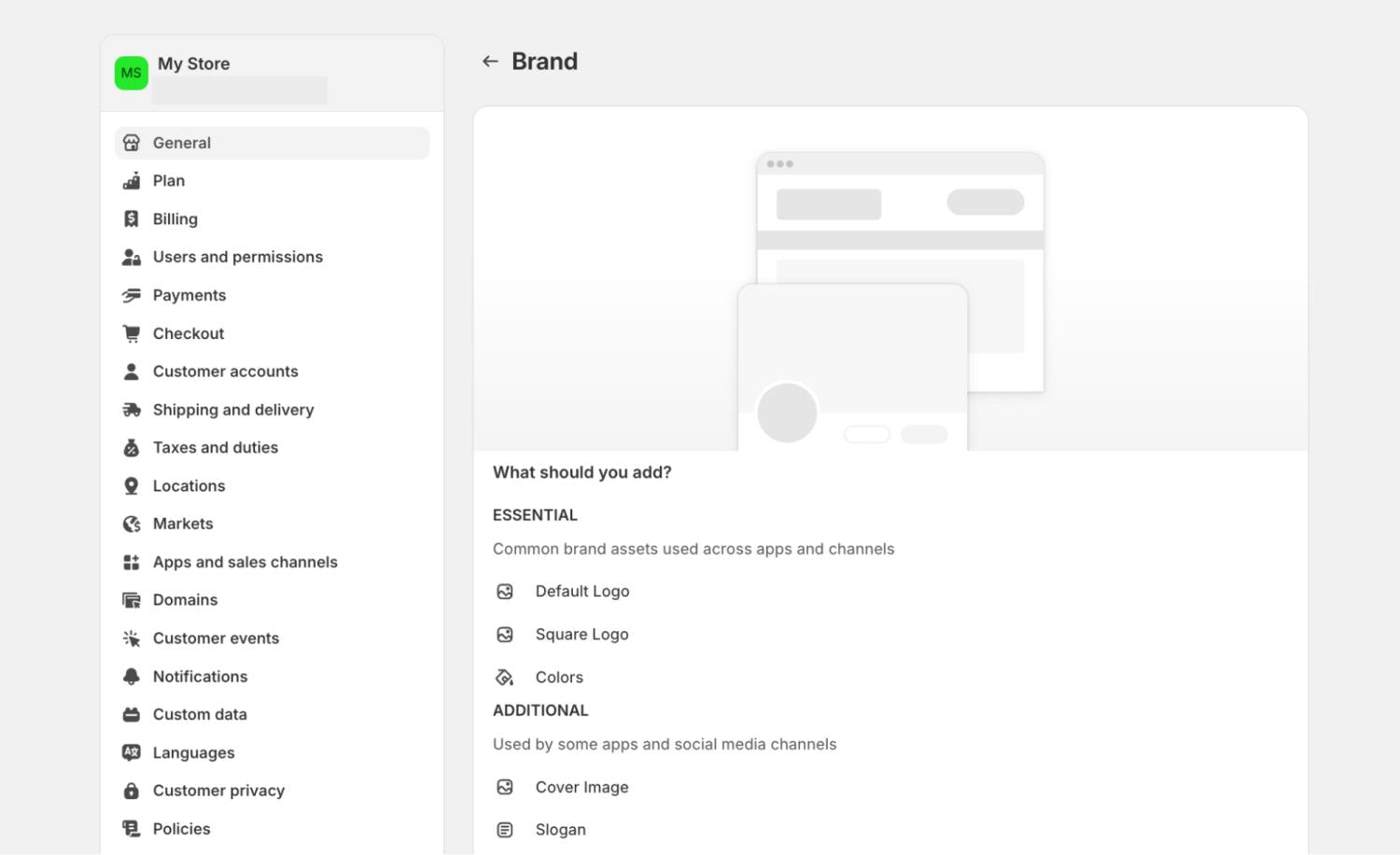 Página de configuración de marca de Shopify con las opciones de branding de 'Qué deberías añadir' listadas.