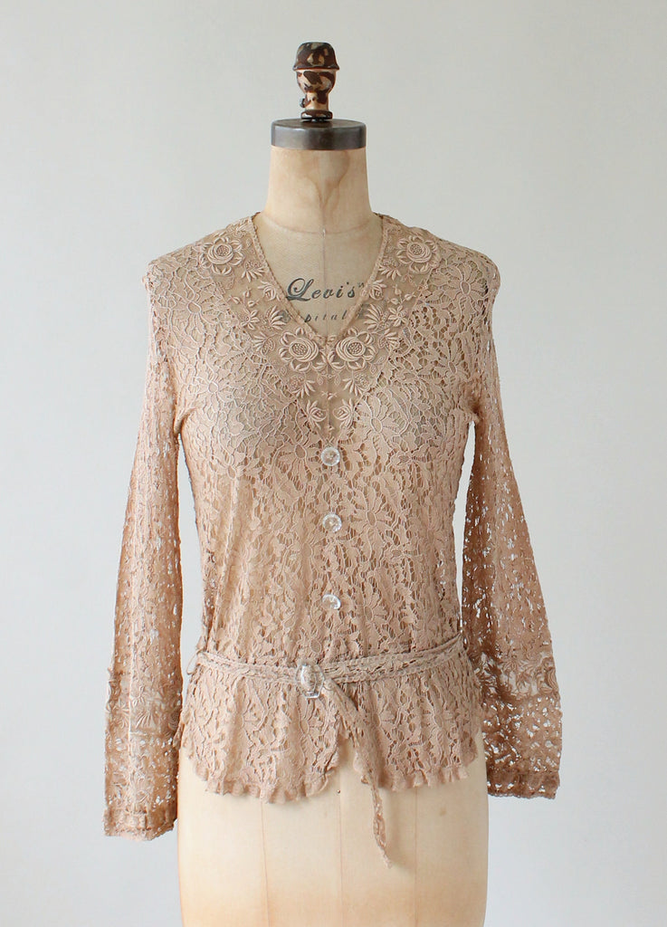 Vintage 1930s Nude Lace Blouse with Glass Buttons | Raleigh Vintage
