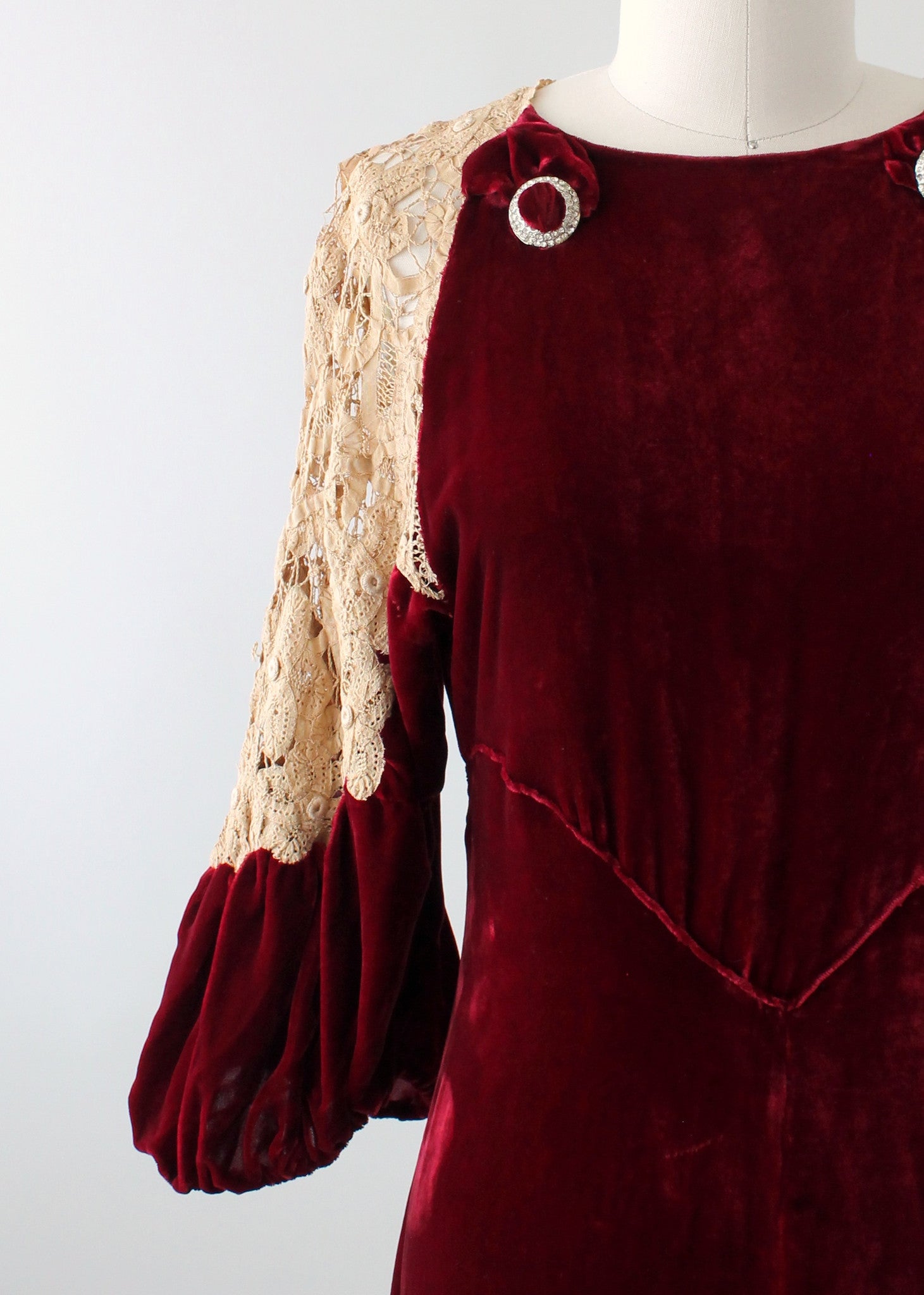 Vintage 1930s Red Velvet and Lace Evening Dress - Raleigh Vintage