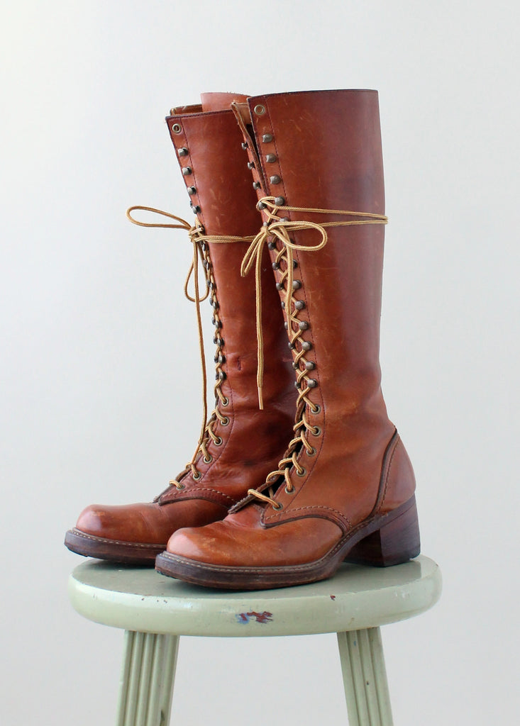 Vintage 1970s Brown Leather Tall Lace Up Boots | Raleigh Vintage