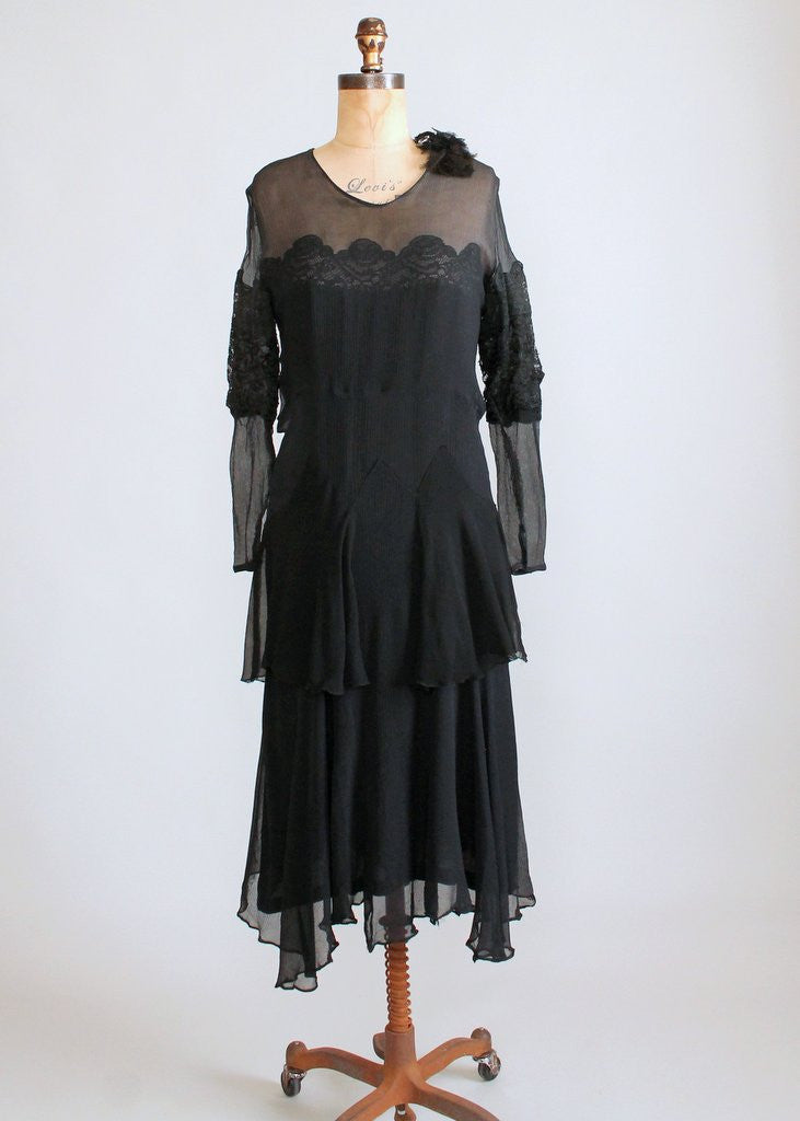 Vintage 1920s Black Crepe Shadow Lace Dress | Raleigh Vintage