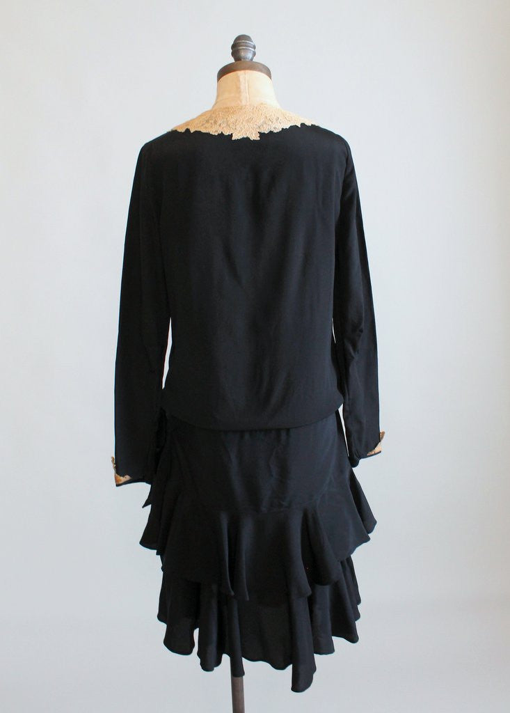 Vintage 1920s Black Silk and Ecru Lace Winter Dress | Raleigh Vintage