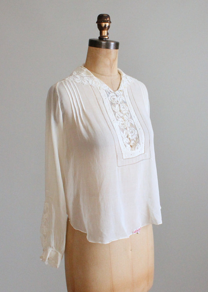 Vintage 1920s Cotton Batiste and Filet Lace Blouse | Raleigh Vintage