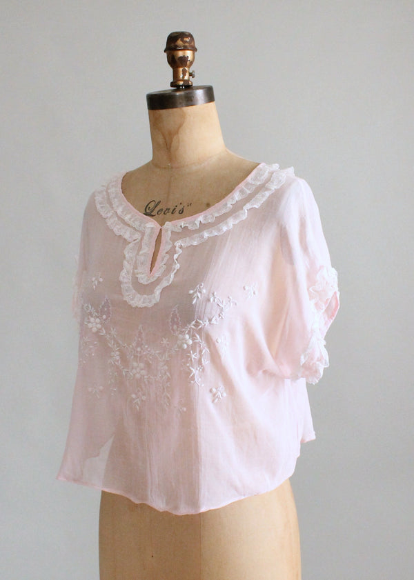 Vintage 1920s Embroidered Pink Cotton Blouse - Raleigh Vintage
