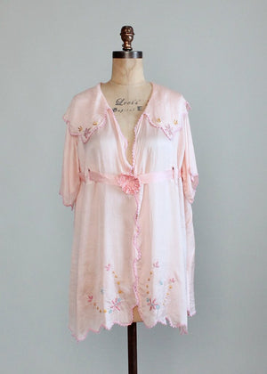 Vintage 1920s Embroidered Pink Silk Lounging Bed Jacket - Raleigh Vintage