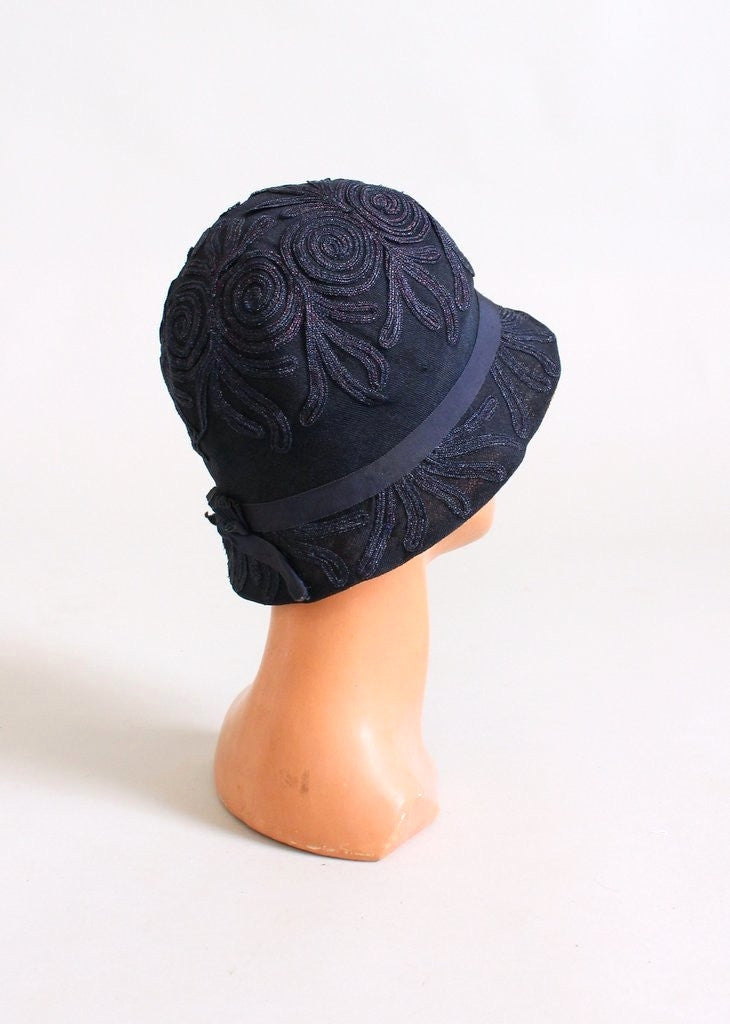 Vintage 1920s Navy Shimmery Soutache Cloche Hat - Raleigh Vintage
