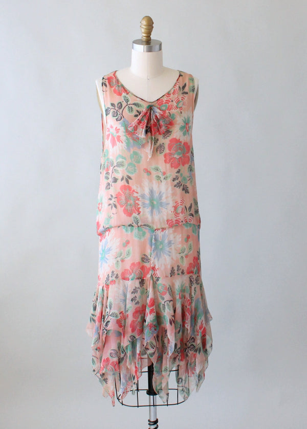 Vintage 1920s Pink Floral Flapper Dress with Handkerchief Hem - Raleigh ...