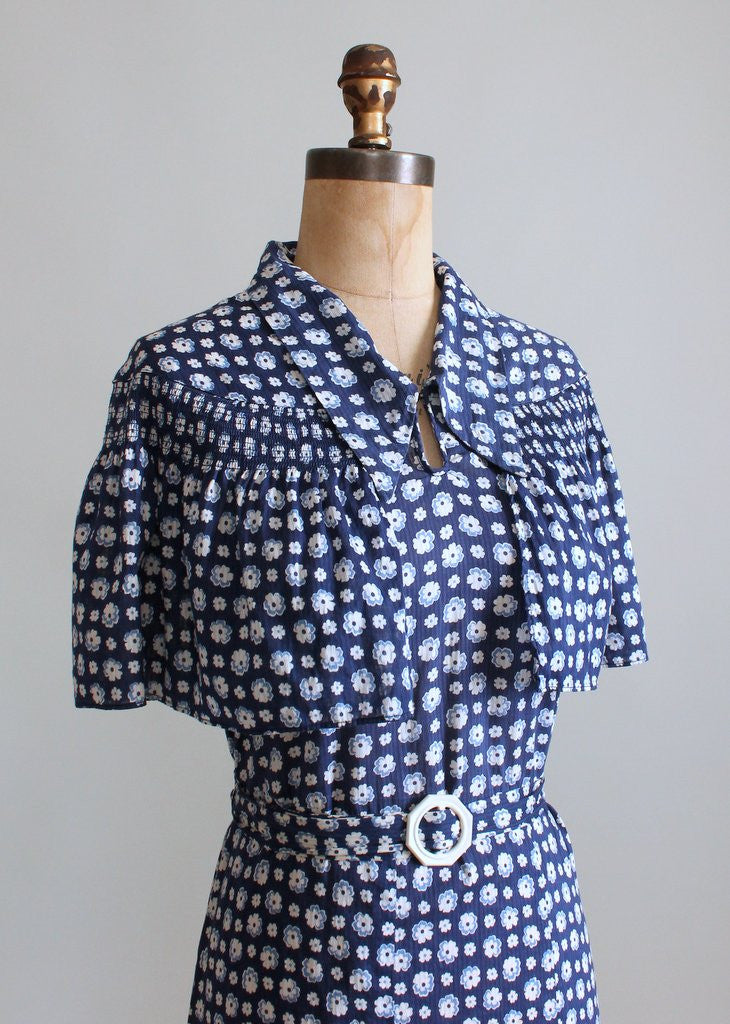 Vintage 1930s Blue Floral Cape Sleeve Day Dress | Raleigh Vintage