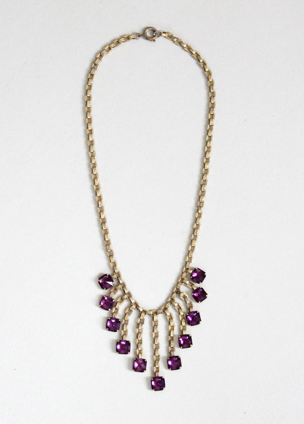 Vintage 1940s Brass and Purple Glass Bib Necklace - Raleigh Vintage