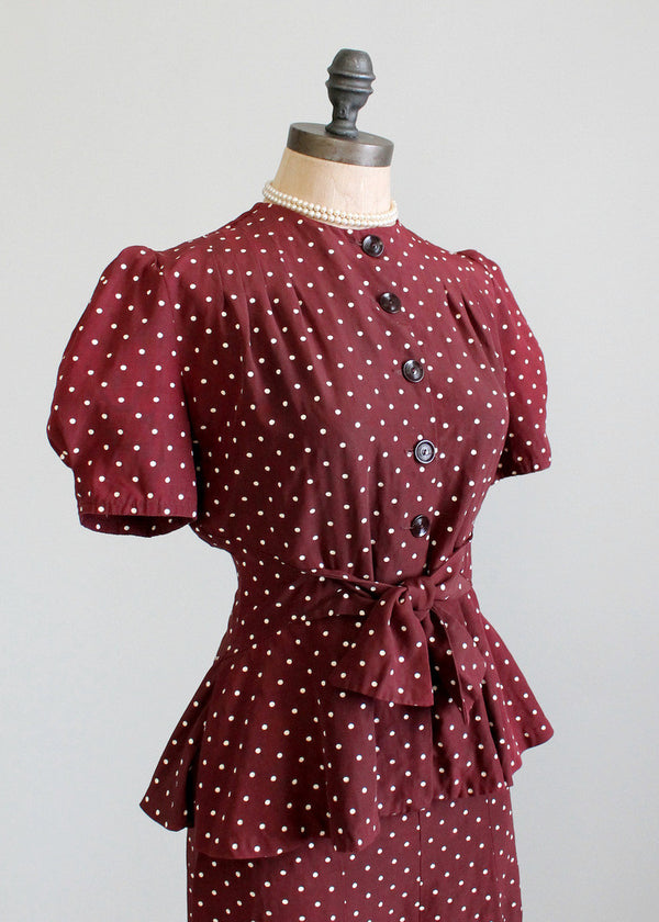 Vintage Late 1930s Polka Dot Peplum Suit Raleigh Vintage