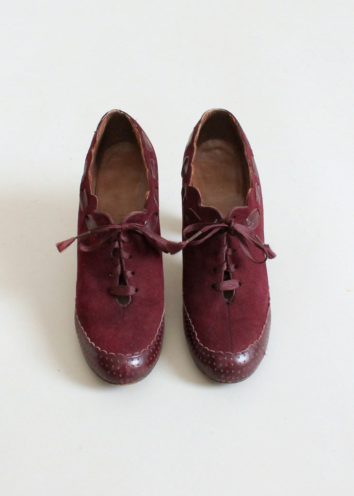 Vintage 1930s Burgundy Suede and Leather Lace Up Shoes | Raleigh Vintage