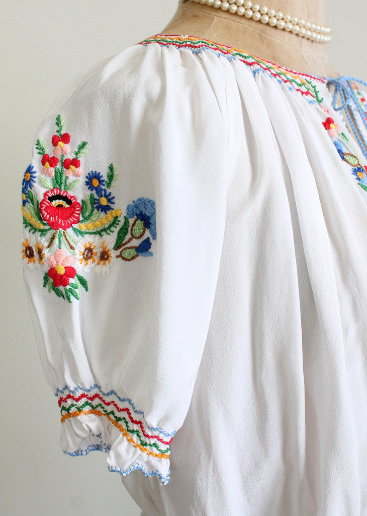 40s/50s Vintage Hungarian Hand Embroidered Peasant Blouse, 55% OFF