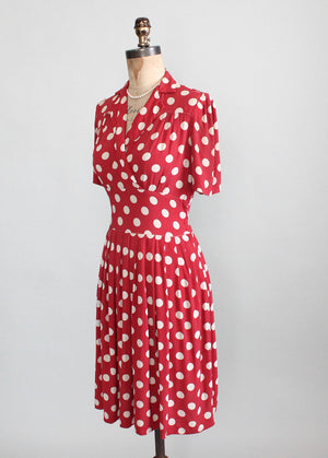 Vintage Late 1930s Red Rayon Polka Dot Swing Dress - Raleigh Vintage