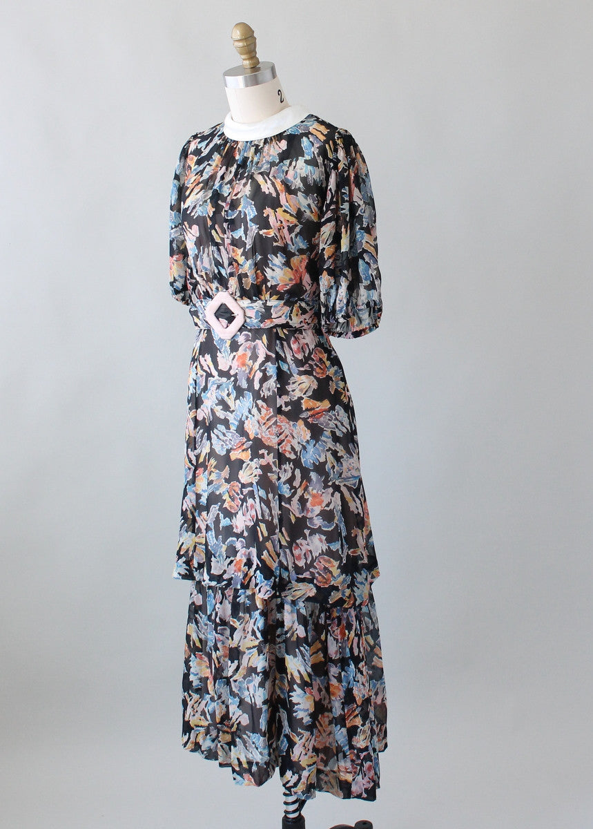 Vintage 1930s Abstract Print Silk Chiffon Dress - Raleigh Vintage