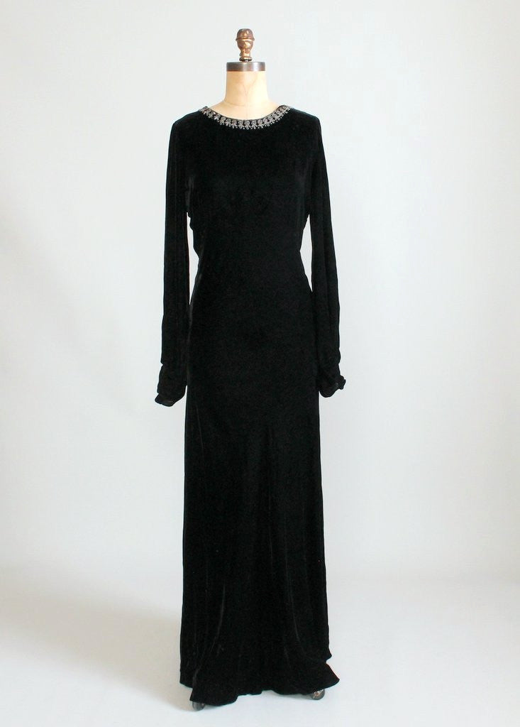 1930s Beaded Black Velvet Evening Dress with NRA Label | Raleigh Vintage