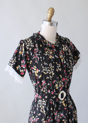 Vintage 1930s Dark Garden Floral Cotton Day Dress - Raleigh Vintage