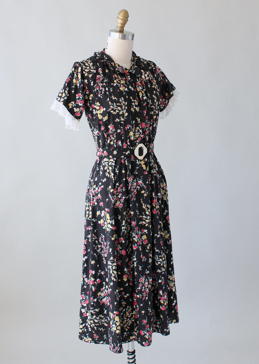 Vintage 1930s Dark Garden Floral Cotton Day Dress - Raleigh Vintage