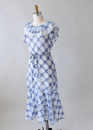 Vintage 1930s Blue and White Check Day Dress - Raleigh Vintage