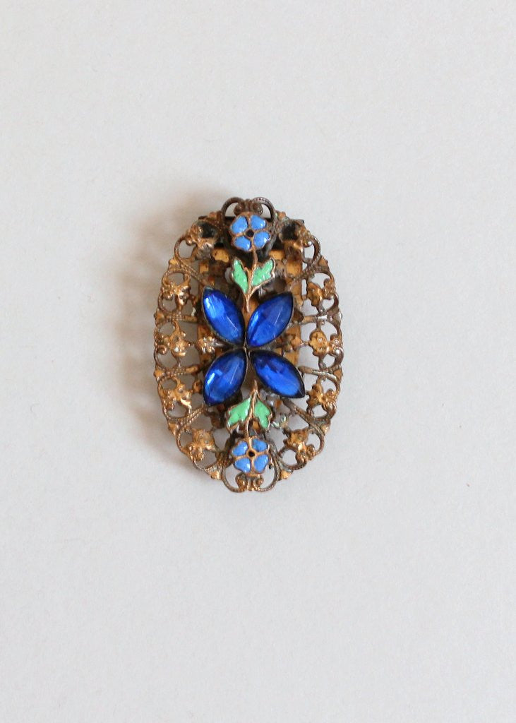 Vintage 1930s Blue Glass and Enamel Brass Dress Clip - Raleigh Vintage