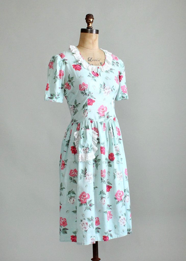 Vintage 1930s Pink and White Rose Floral Day Dress - Raleigh Vintage