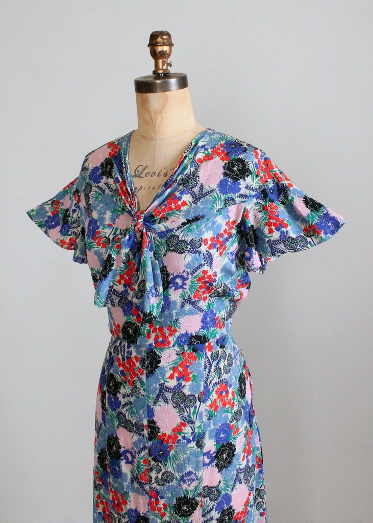 Vintage 1930s Blue, Red, and Pink Floral Crepe Dress | Raleigh Vintage