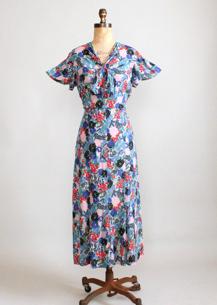 Vintage 1930s Blue, Red, and Pink Floral Crepe Dress | Raleigh Vintage